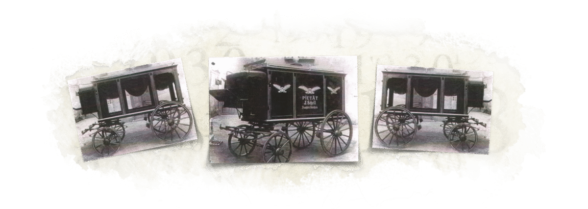 Historische Bestattungswagen von Pietät Günther Schell mit Jahreszahlen im Hintergrund – ein Blick in die Unternehmensgeschichte